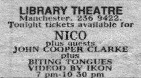 Biting Tongues at Library Theatre, Manchester (with Nico and John Cooper Clarke) 